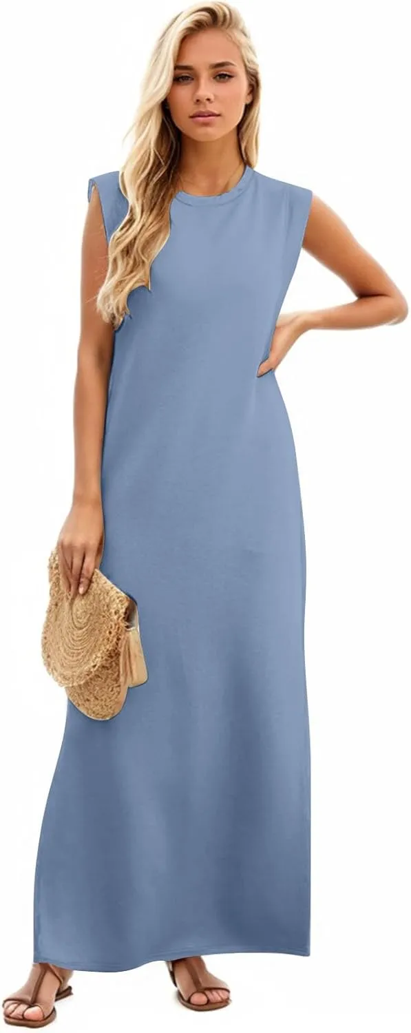 Maxi Dresses for Women 2025 Summer Short Sleeve Beach Sundresses Casual Crewneck Split Long Dress with Pocket