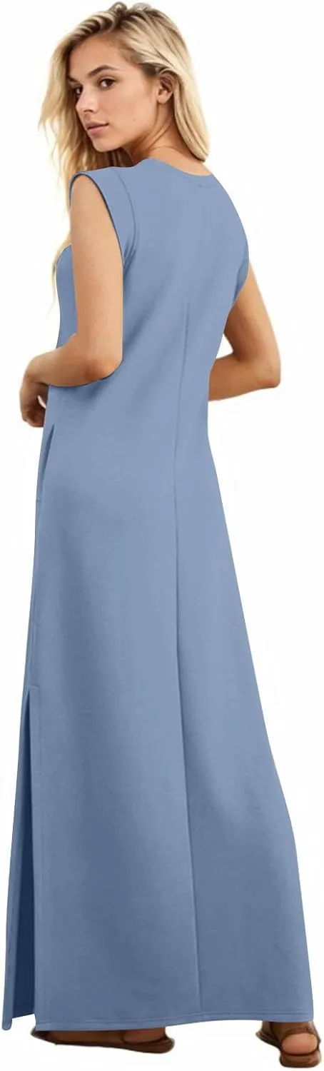 Maxi Dresses for Women 2025 Summer Short Sleeve Beach Sundresses Casual Crewneck Split Long Dress with Pocket