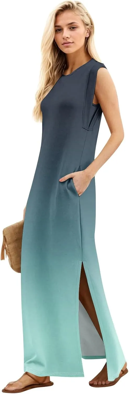 Maxi Dresses for Women 2025 Summer Short Sleeve Beach Sundresses Casual Crewneck Split Long Dress with Pocket