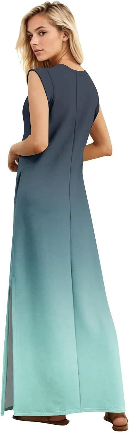 Maxi Dresses for Women 2025 Summer Short Sleeve Beach Sundresses Casual Crewneck Split Long Dress with Pocket