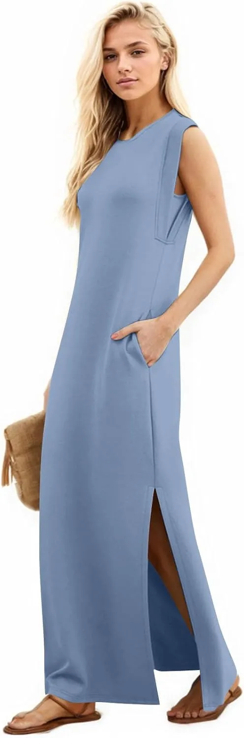 Maxi Dresses for Women 2025 Summer Short Sleeve Beach Sundresses Casual Crewneck Split Long Dress with Pocket