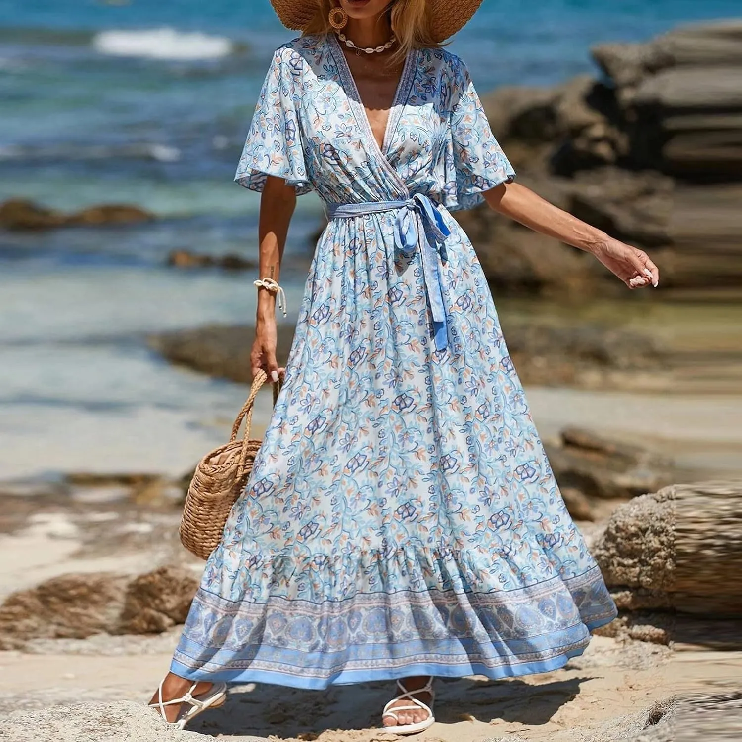 Maxi Dresses for Women 2025 Vacation Beach Summer Dresses Flowy Ruffle Boho Floral Printed Sundresses