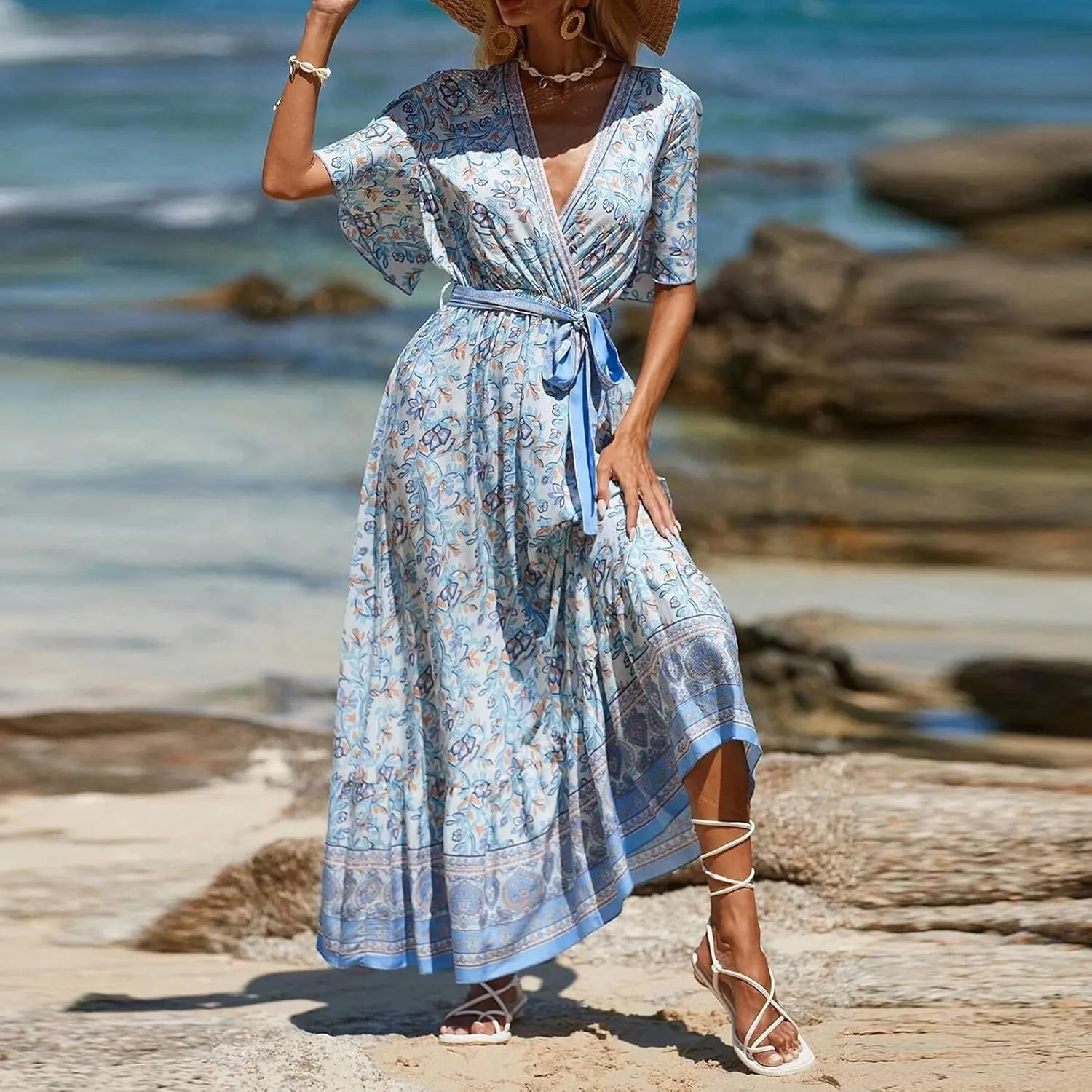 Maxi Dresses for Women 2025 Vacation Beach Summer Dresses Flowy Ruffle Boho Floral Printed Sundresses