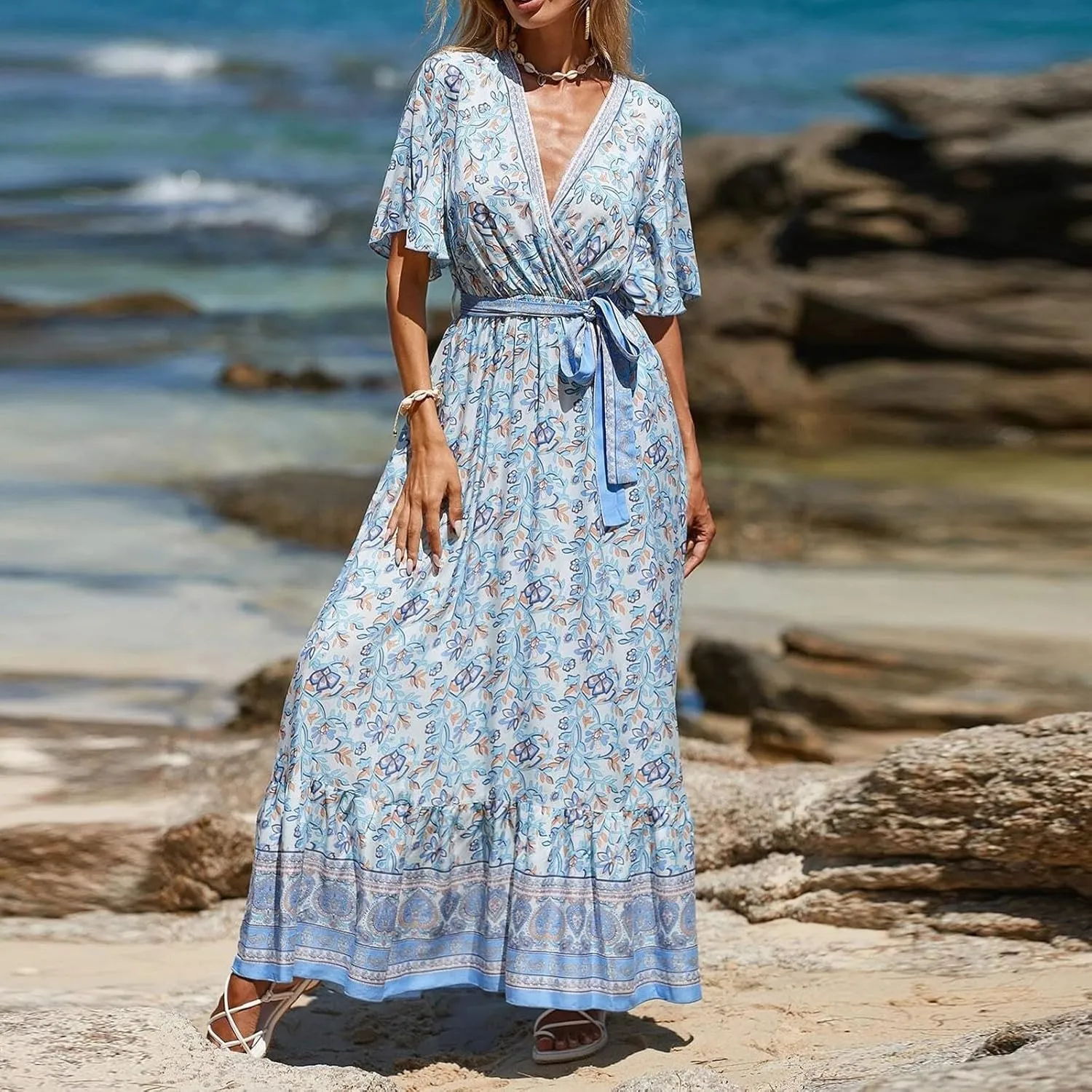 Maxi Dresses for Women 2025 Vacation Beach Summer Dresses Flowy Ruffle Boho Floral Printed Sundresses