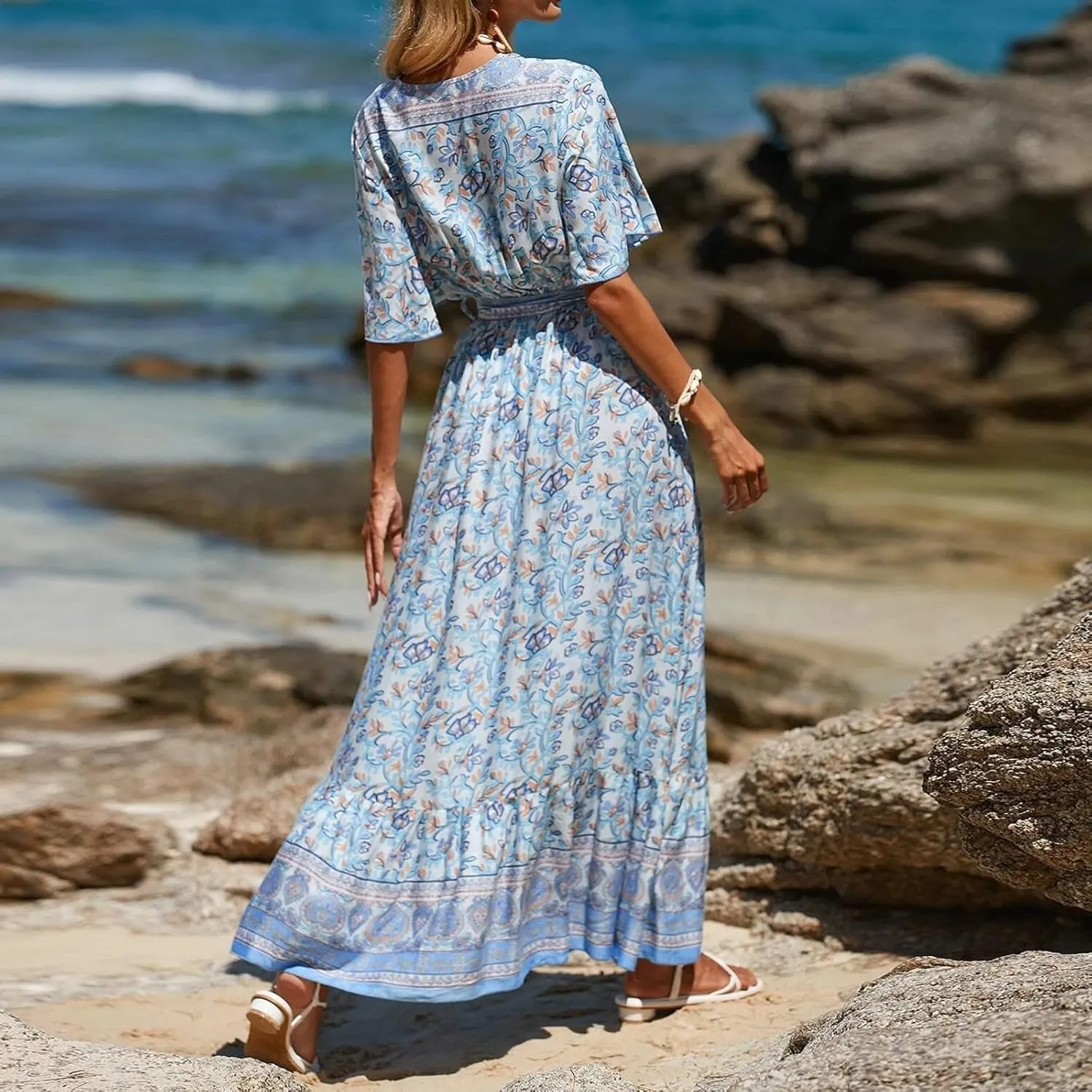 Maxi Dresses for Women 2025 Vacation Beach Summer Dresses Flowy Ruffle Boho Floral Printed Sundresses