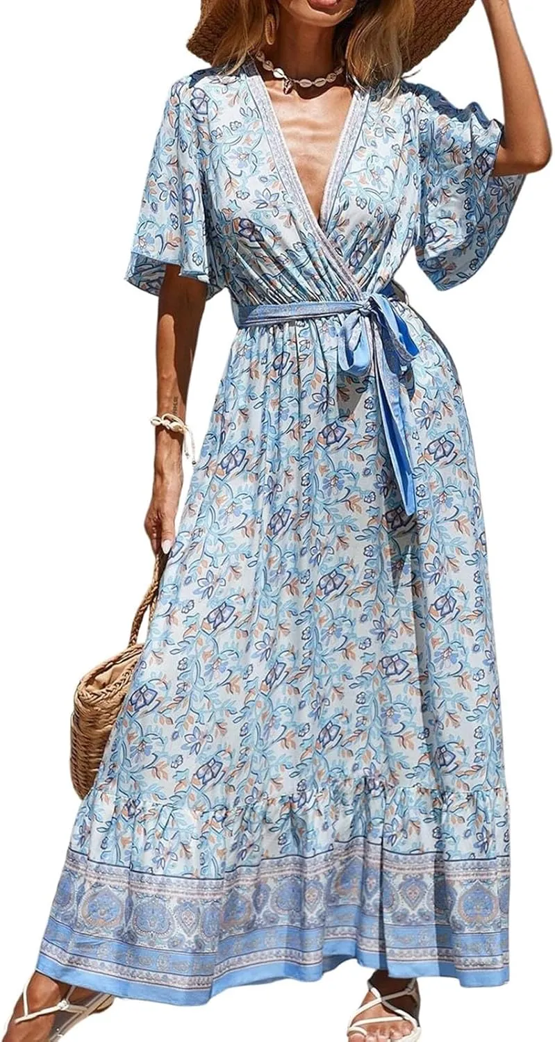 Maxi Dresses for Women 2025 Vacation Beach Summer Dresses Flowy Ruffle Boho Floral Printed Sundresses
