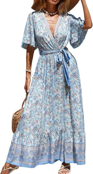 Maxi Dresses for Women 2025 Vacation Beach Summer Dresses Flowy Ruffle Boho Floral Printed Sundresses