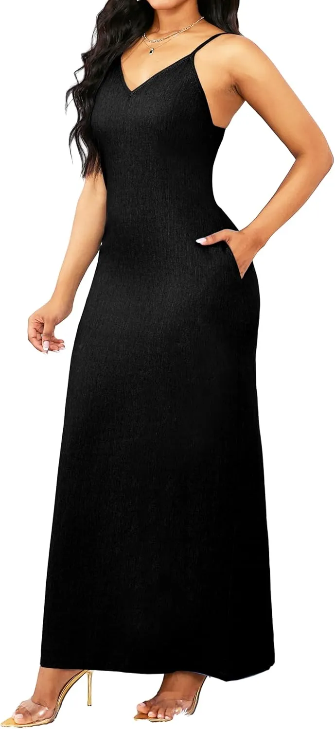 Maxi Dresses for Women Sexy Casual Spaghetti Strap Long Summer Sundress with Pockets