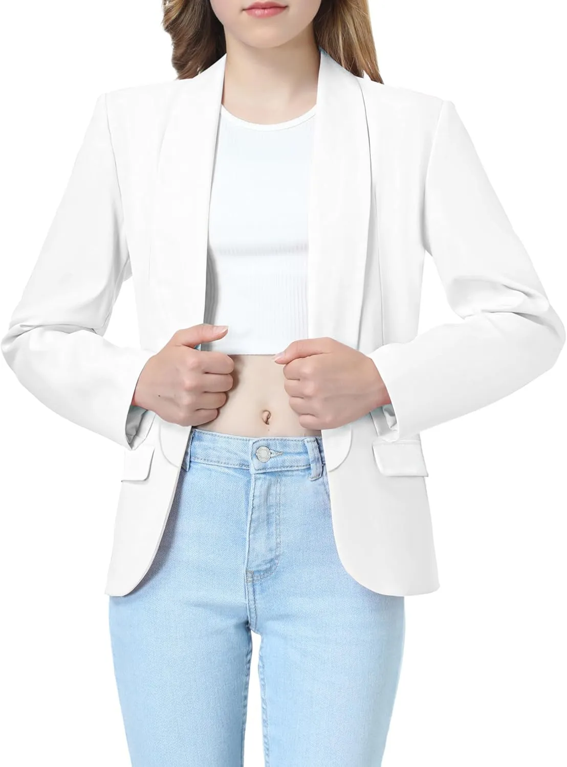 Mebius Girls Blazer Jacket Long Sleeve Shawl Collar Open Front Formal Blazers Suit Inner Pocket for Kids Size 6-12 Year