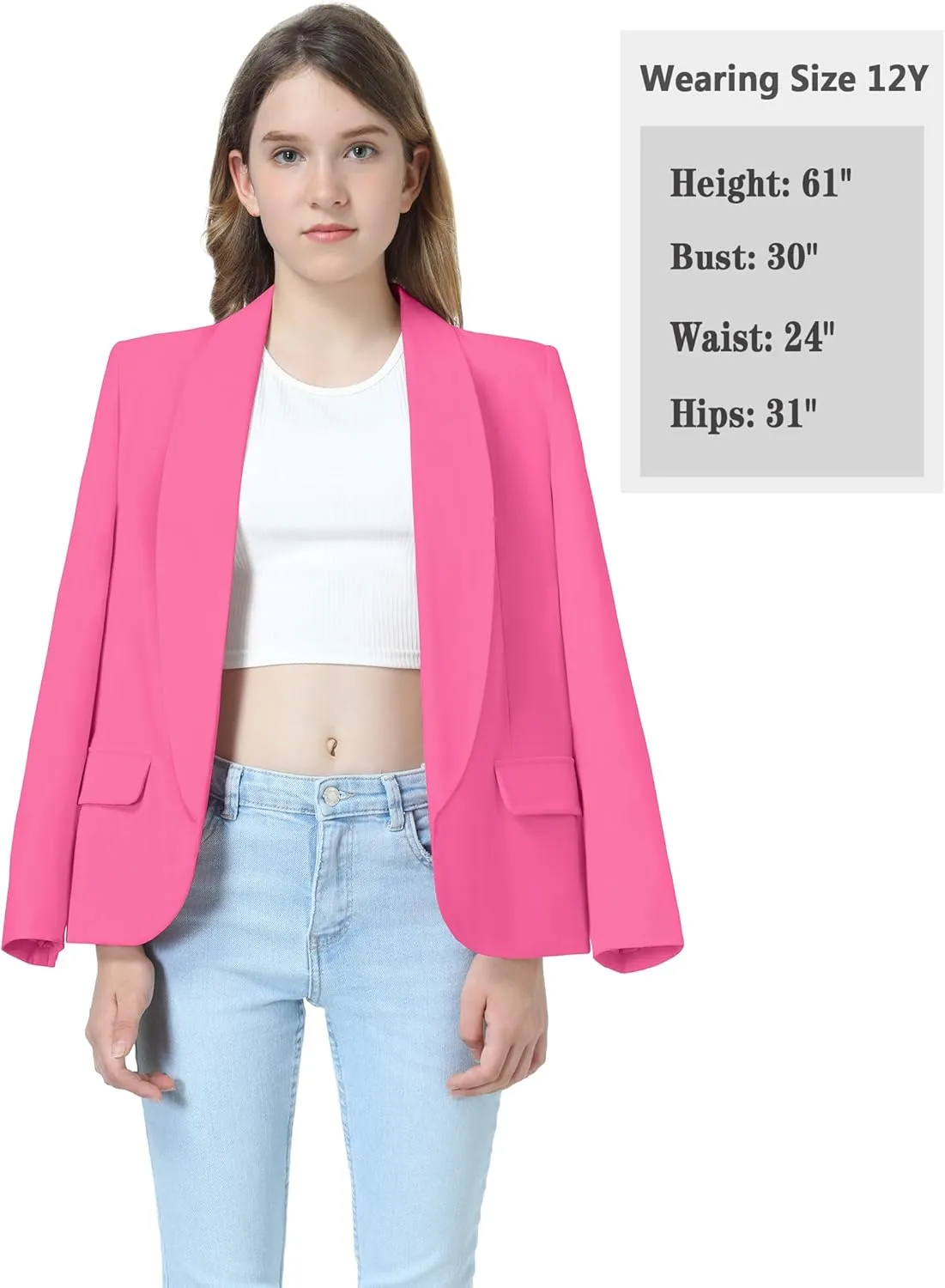 Mebius Girls Blazer Jacket Long Sleeve Shawl Collar Open Front Formal Blazers Suit Inner Pocket for Kids Size 6-12 Year