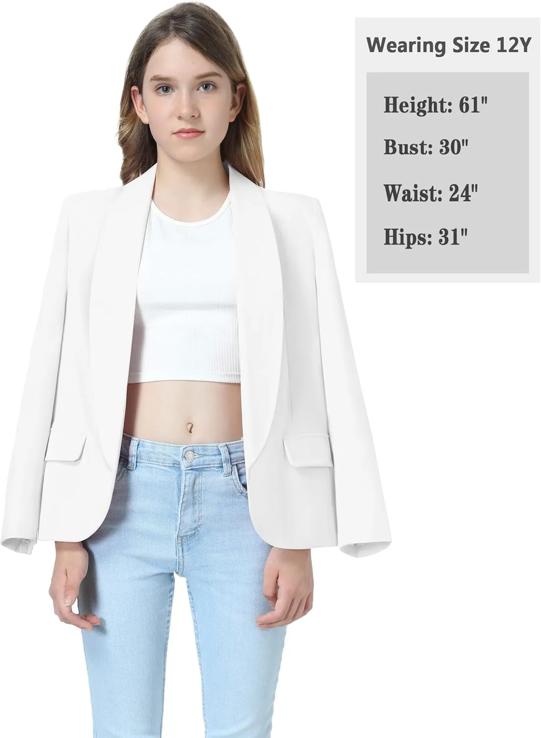 Mebius Girls Blazer Jacket Long Sleeve Shawl Collar Open Front Formal Blazers Suit Inner Pocket for Kids Size 6-12 Year