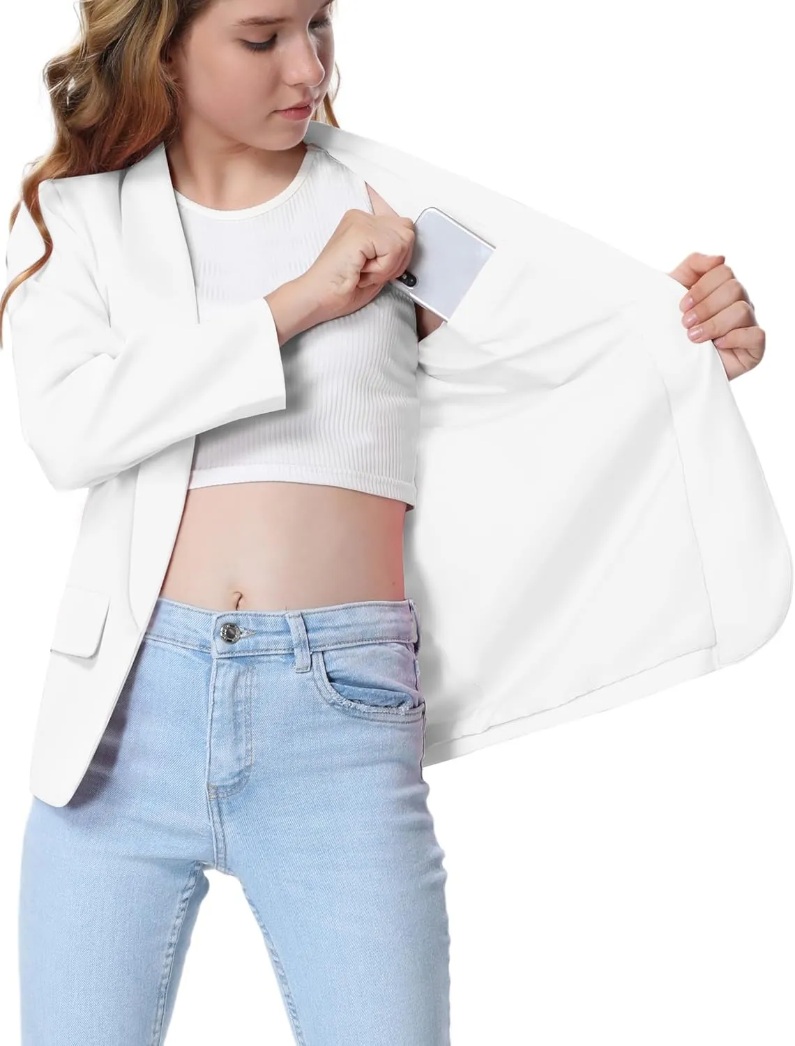 Mebius Girls Blazer Jacket Long Sleeve Shawl Collar Open Front Formal Blazers Suit Inner Pocket for Kids Size 6-12 Year