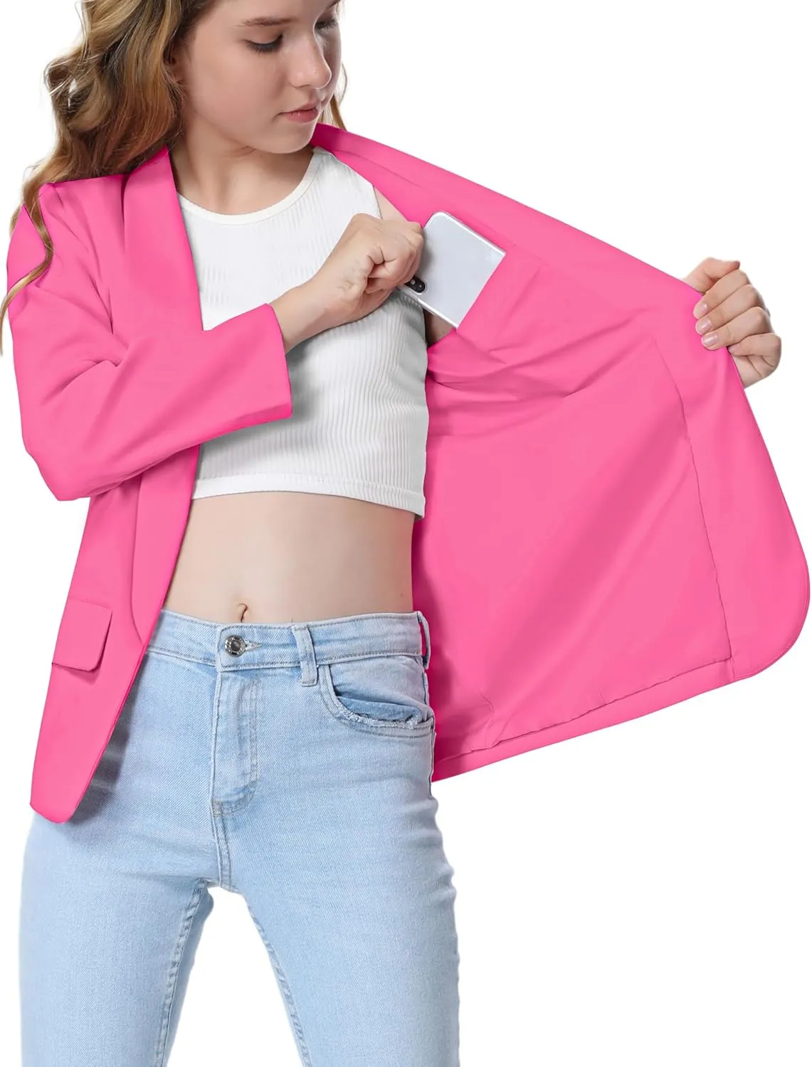 Mebius Girls Blazer Jacket Long Sleeve Shawl Collar Open Front Formal Blazers Suit Inner Pocket for Kids Size 6-12 Year