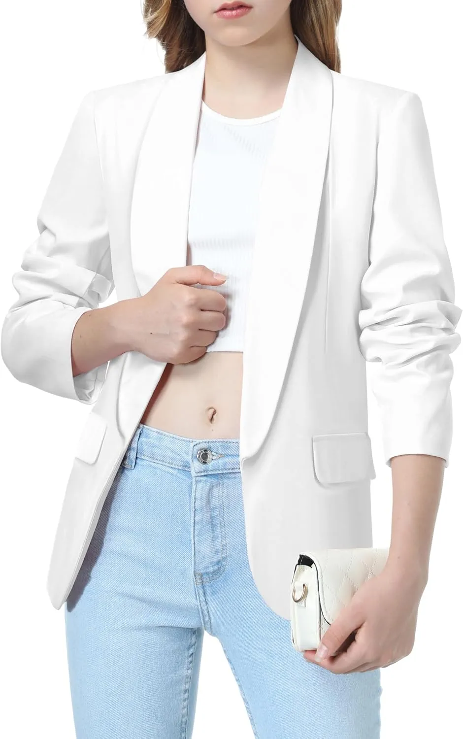 Mebius Girls Blazer Jacket Long Sleeve Shawl Collar Open Front Formal Blazers Suit Inner Pocket for Kids Size 6-12 Year