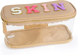 MEEJUNE Portable Chenille Letter Clear Preppy Makeup Zipper Bag Waterproof Foldable Organizer Travel Storage Purse For Vacation Travel, Bathroom