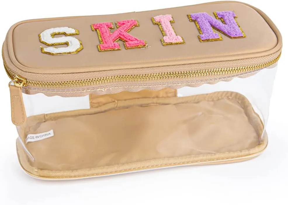 MEEJUNE Portable Chenille Letter Clear Preppy Makeup Zipper Bag Waterproof Foldable Organizer Travel Storage Purse For Vacation Travel, Bathroom