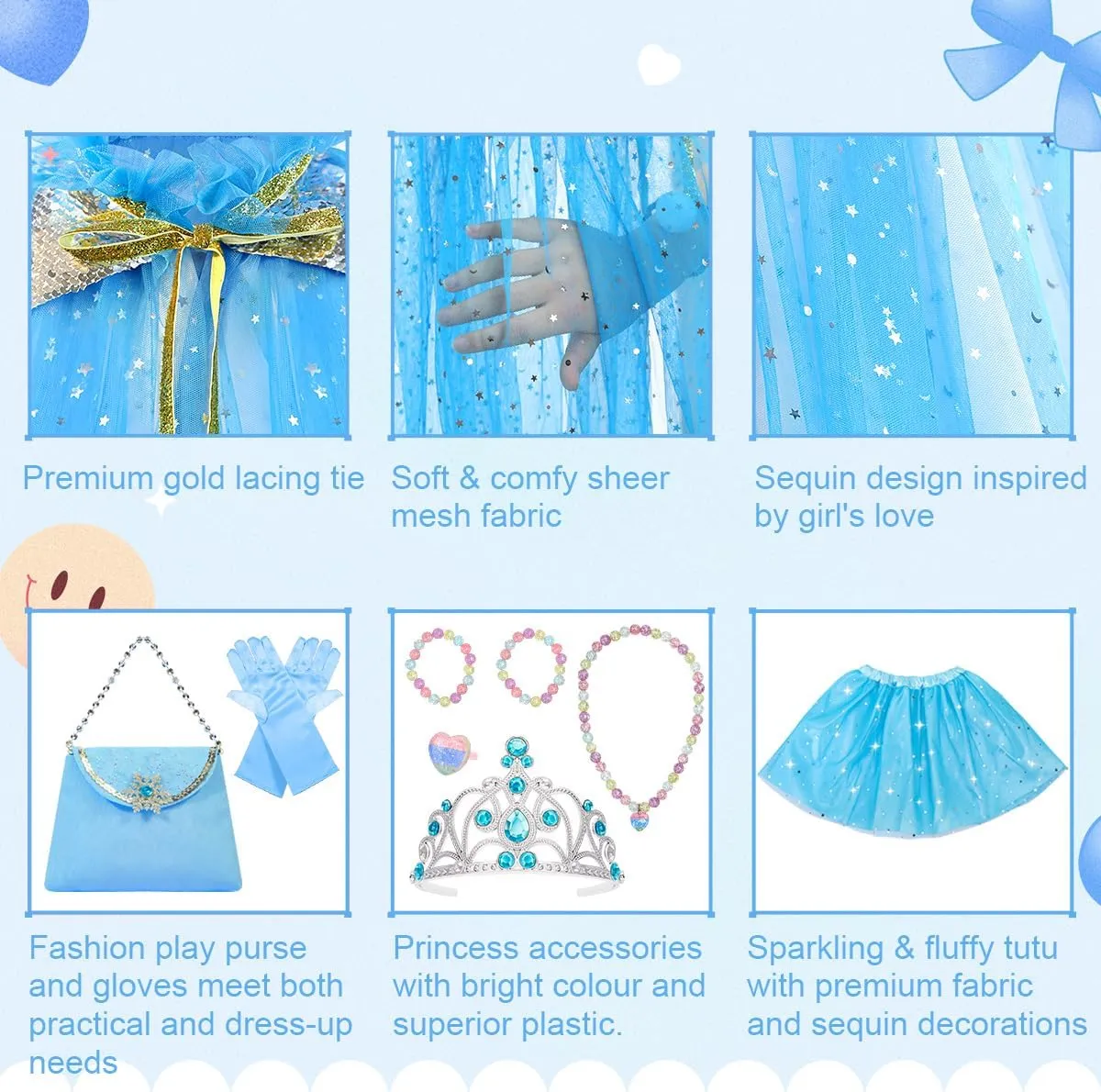 Meland Princess Dress up Clothes for Little Girl, 11Pcs Princess Cape with Crown, Princess Dresses for Girl 3-8 Birthday Gift