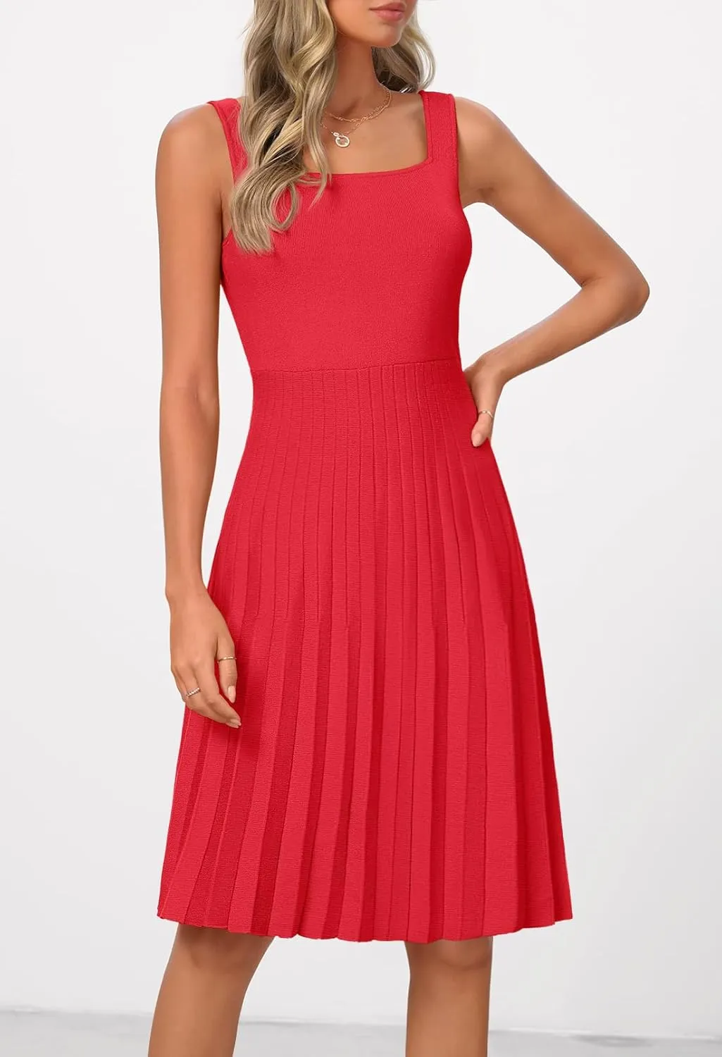 MEROKEETY Women's Summer Strap Square Neck Mini Dress Sleeveless Pleated A Line Swing Sweater Dress