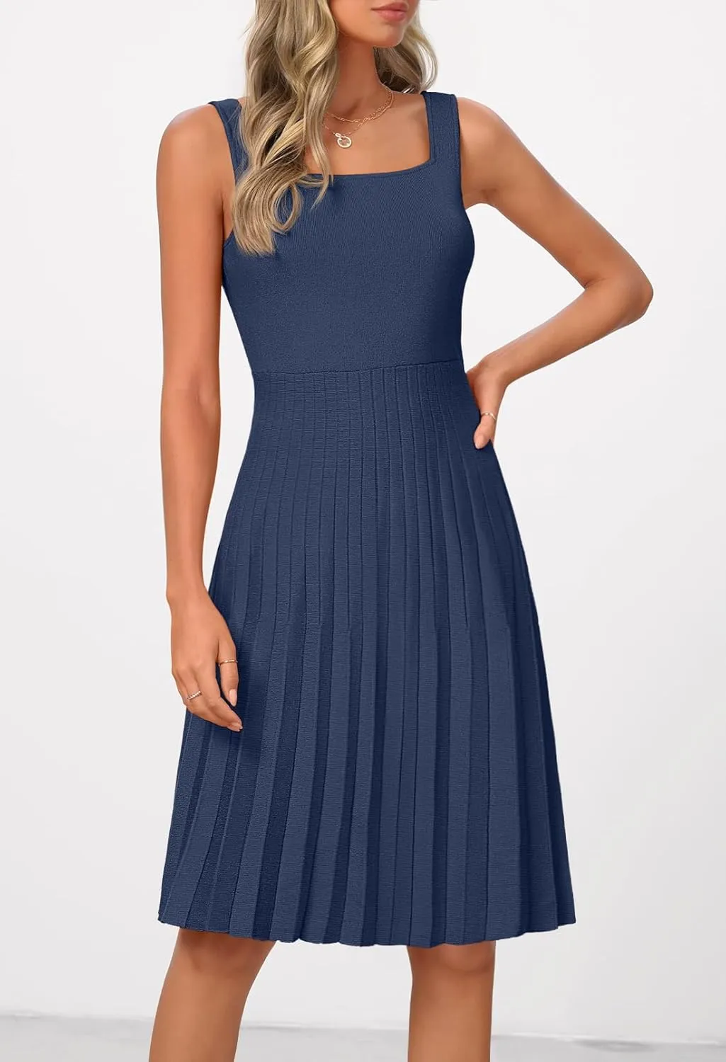 MEROKEETY Women's Summer Strap Square Neck Mini Dress Sleeveless Pleated A Line Swing Sweater Dress