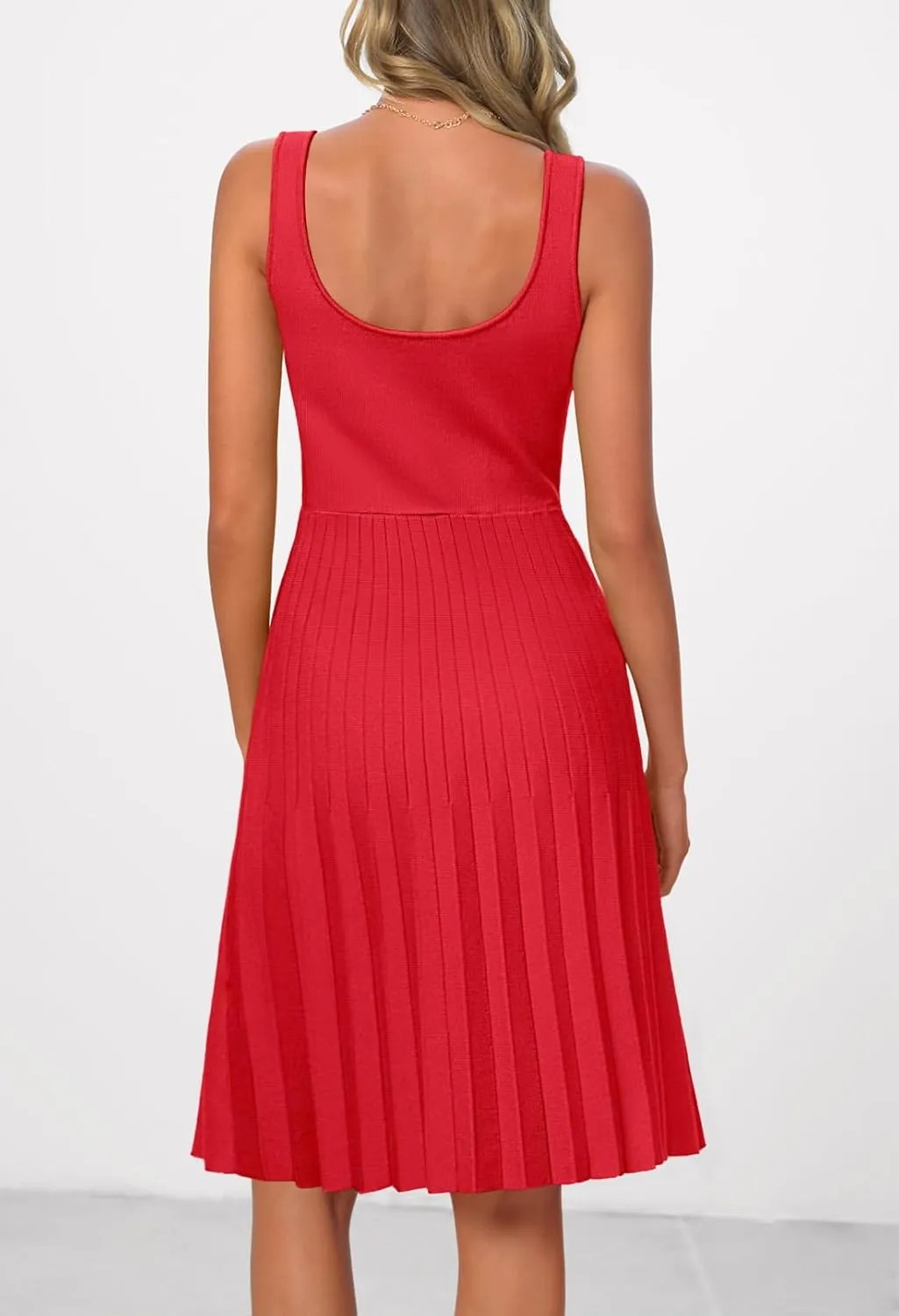 MEROKEETY Women's Summer Strap Square Neck Mini Dress Sleeveless Pleated A Line Swing Sweater Dress