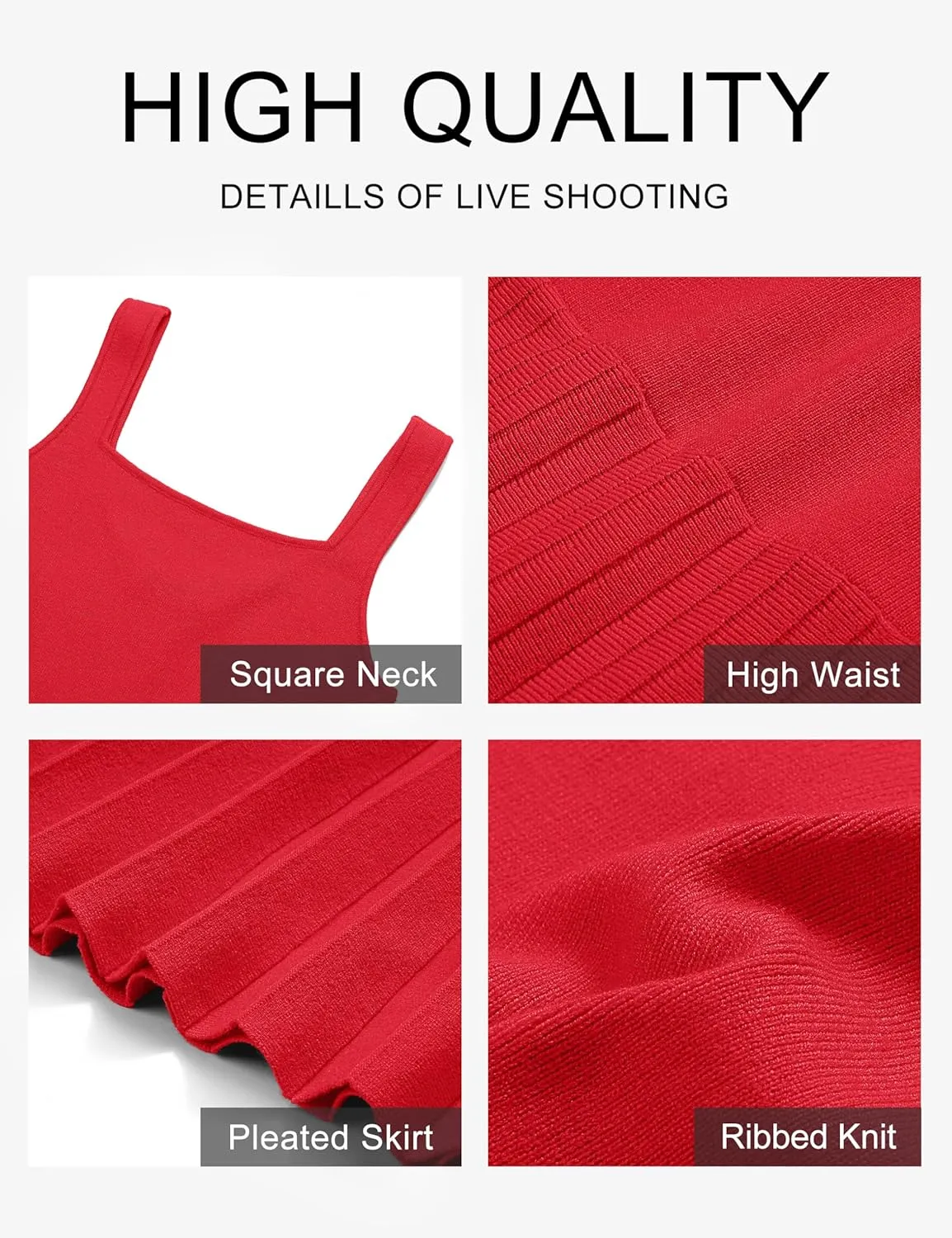 MEROKEETY Women's Summer Strap Square Neck Mini Dress Sleeveless Pleated A Line Swing Sweater Dress