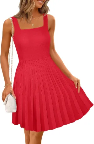 MEROKEETY Women's Summer Strap Square Neck Mini Dress Sleeveless Pleated A Line Swing Sweater Dress
