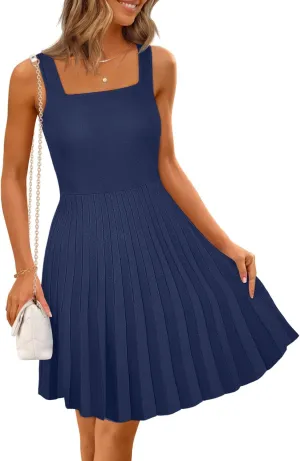 MEROKEETY Women's Summer Strap Square Neck Mini Dress Sleeveless Pleated A Line Swing Sweater Dress