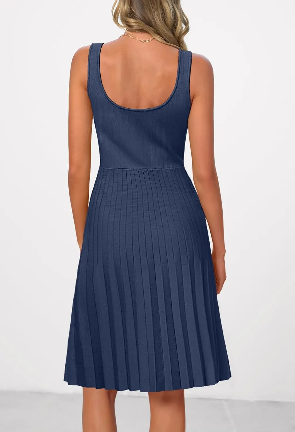 MEROKEETY Women's Summer Strap Square Neck Mini Dress Sleeveless Pleated A Line Swing Sweater Dress