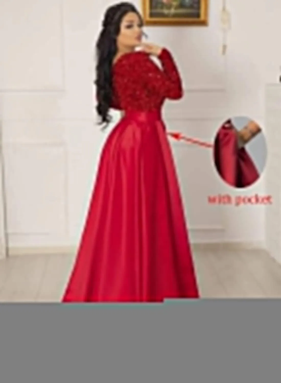 Miao Duo Women's Sparkly Sequin Prom Ball Gown with Pockets Long Sleeve Satin Formal Evening Dress with Slit YZTS055