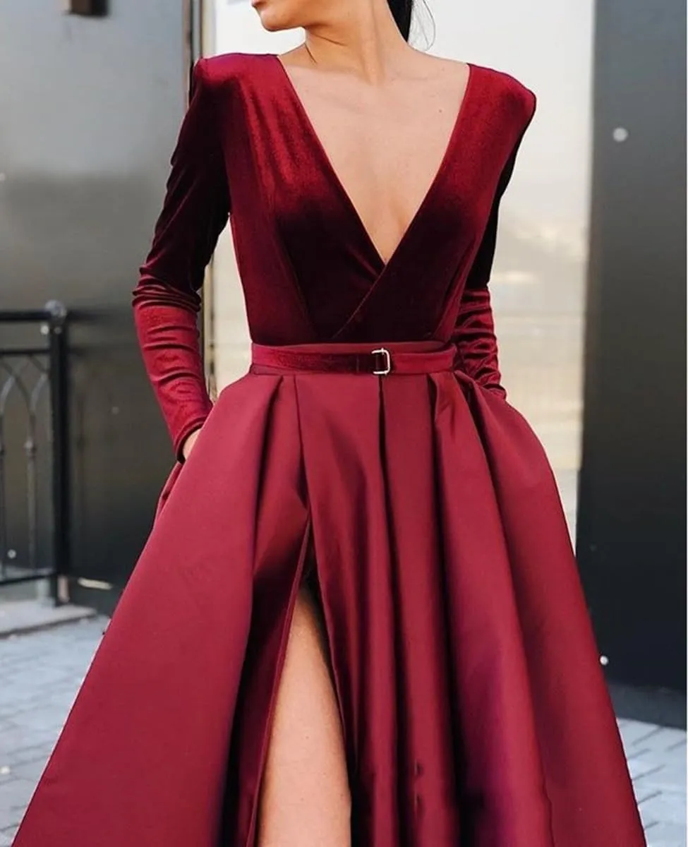 Miao Duo Women's Sparkly Sequin Prom Ball Gown with Pockets Long Sleeve Satin Formal Evening Dress with Slit YZTS055