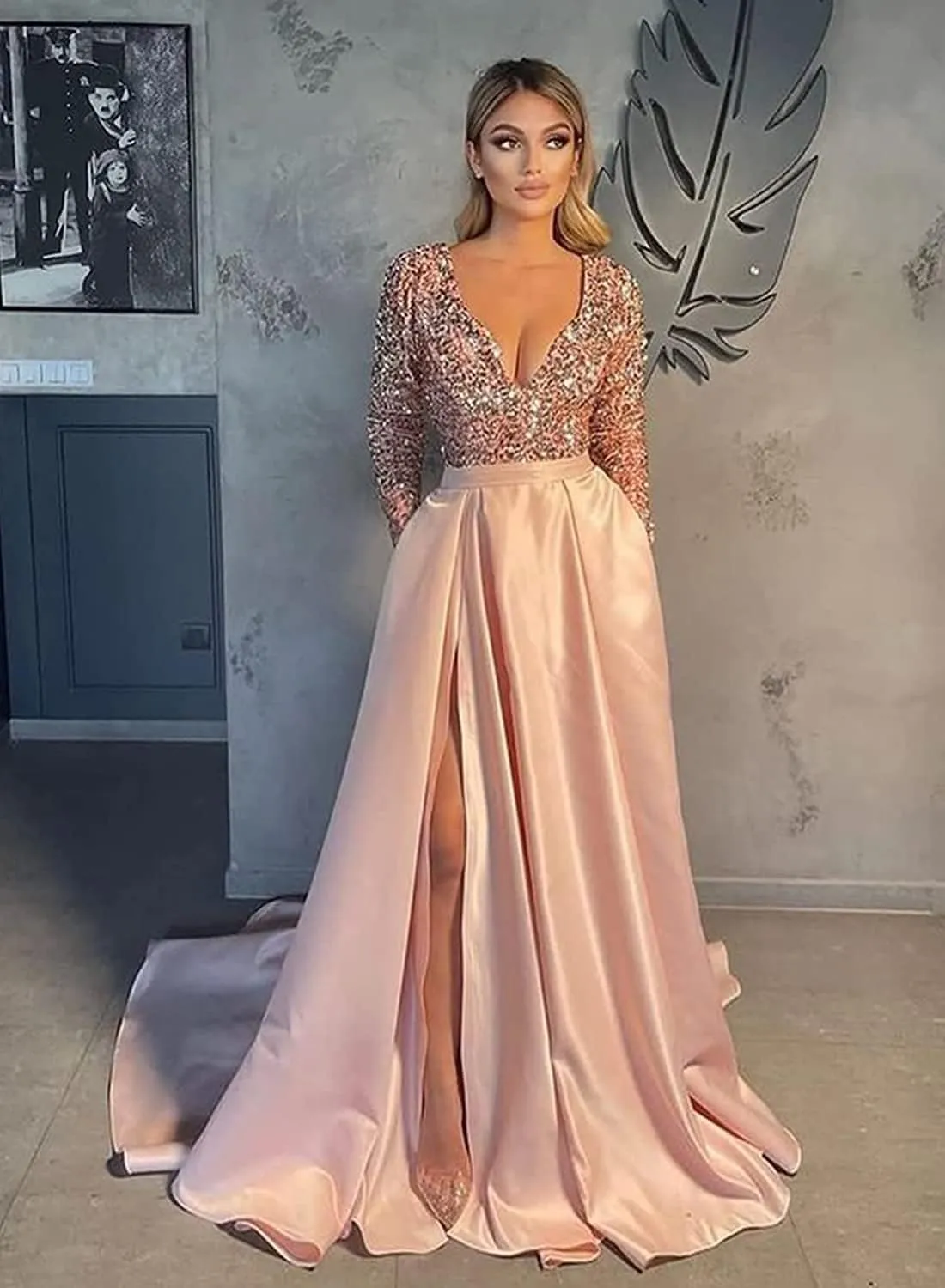 Miao Duo Women's Sparkly Sequin Prom Ball Gown with Pockets Long Sleeve Satin Formal Evening Dress with Slit YZTS055