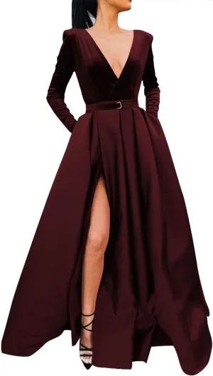 Miao Duo Women's Sparkly Sequin Prom Ball Gown with Pockets Long Sleeve Satin Formal Evening Dress with Slit YZTS055