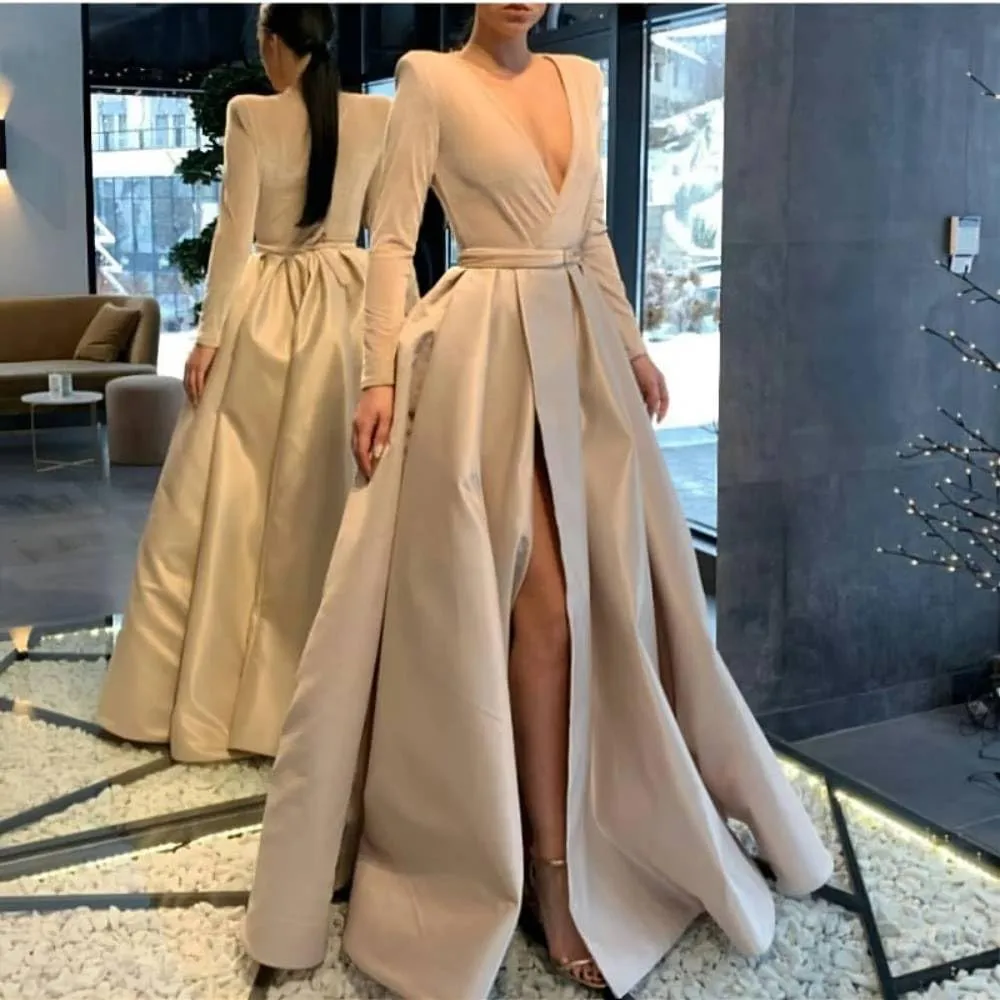 Miao Duo Women's Sparkly Sequin Prom Ball Gown with Pockets Long Sleeve Satin Formal Evening Dress with Slit YZTS055