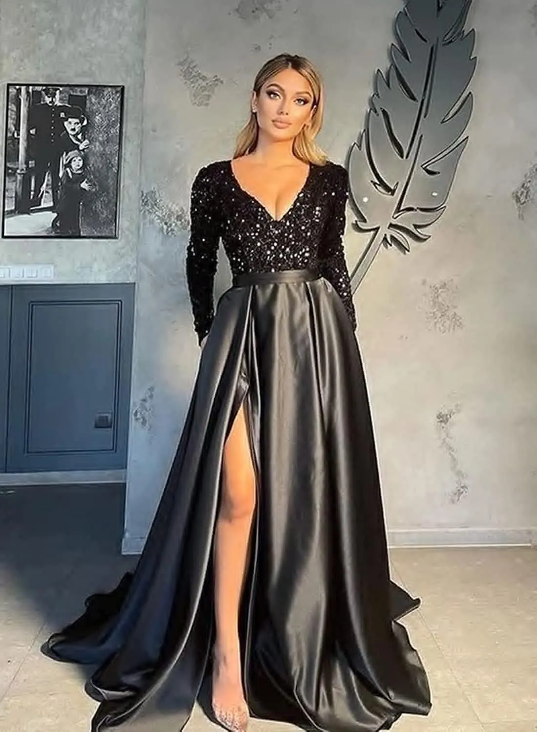 Miao Duo Women's Sparkly Sequin Prom Ball Gown with Pockets Long Sleeve Satin Formal Evening Dress with Slit YZTS055