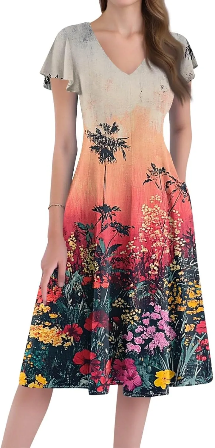 Midi Dresses 2025 Short Sleeve Deep V Neck Summer Casual Plus Size Split Fashion Casual Wedding Guest Dress