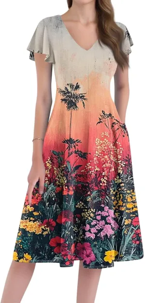 Midi Dresses 2025 Short Sleeve Deep V Neck Summer Casual Plus Size Split Fashion Casual Wedding Guest Dress