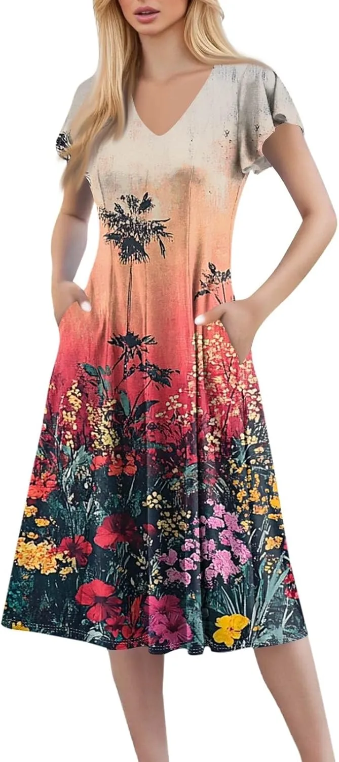 Midi Dresses 2025 Short Sleeve Deep V Neck Summer Casual Plus Size Split Fashion Casual Wedding Guest Dress