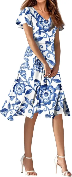 Midi Dresses for Women 2025 Summer Vacation V Neck Short Sleeve Knee Length Boho Dresses Beach Fashion Clothes