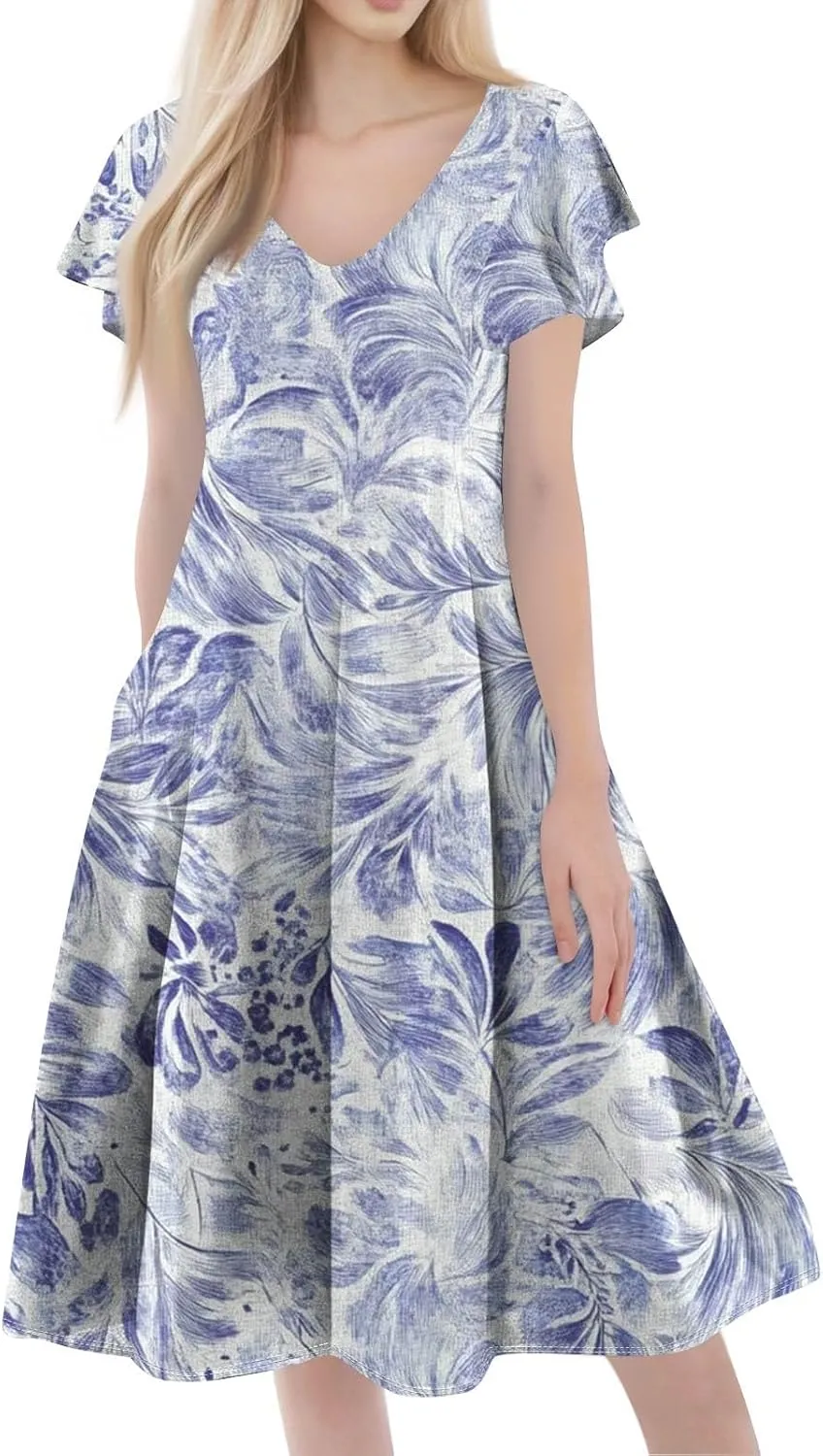 Midi Dresses Short Sleeve Deep V Neck Summer Casual Plus Size Split Trendy Casual Wedding Guest Dresses for Women Long