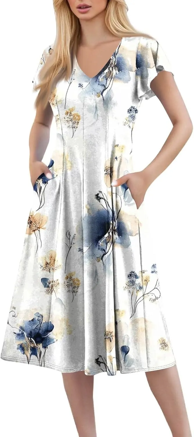 Midi Dresses Short Sleeve Deep V Neck Summer Casual Plus Size Split Trendy Casual Wedding Guest Dresses for Women Long