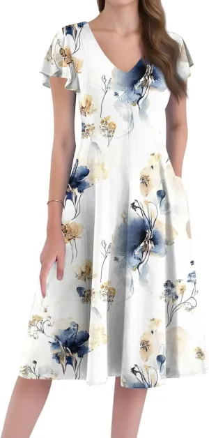 Midi Dresses Short Sleeve Deep V Neck Summer Casual Plus Size Split Trendy Casual Wedding Guest Dresses for Women Long