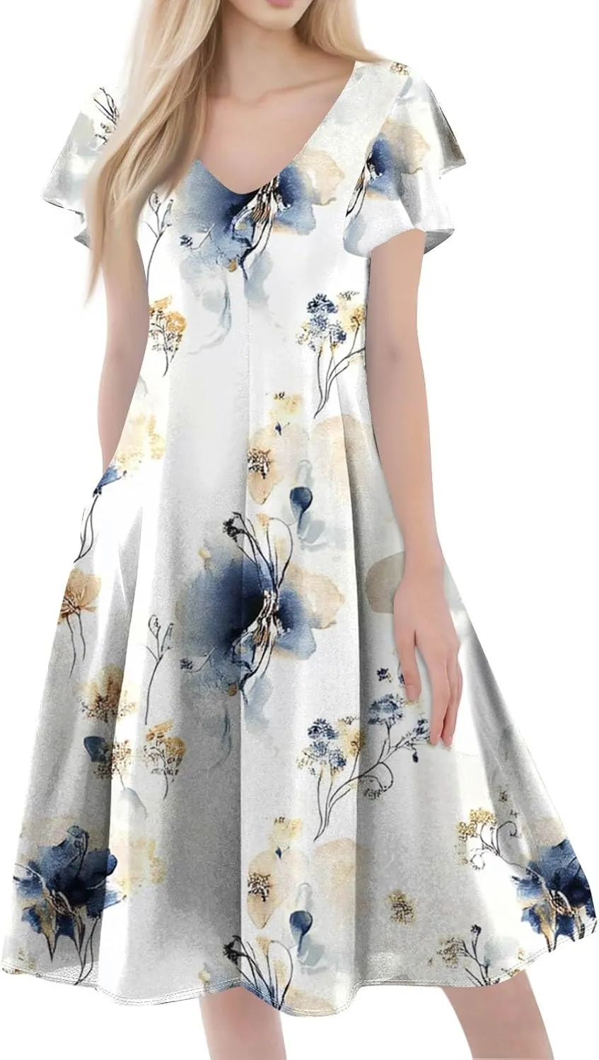 Midi Dresses Short Sleeve Deep V Neck Summer Casual Plus Size Split Trendy Casual Wedding Guest Dresses for Women Long