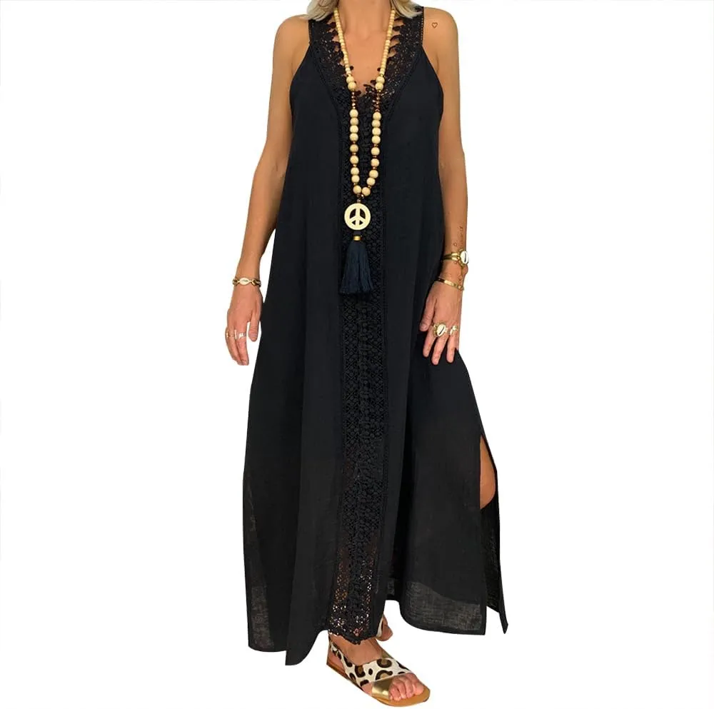 Midi Lace Spaghetti Strap Dresses for Women Swing Sleeveless Boho Deep V Neck Wedding Guest Sundresses Asymmetrical