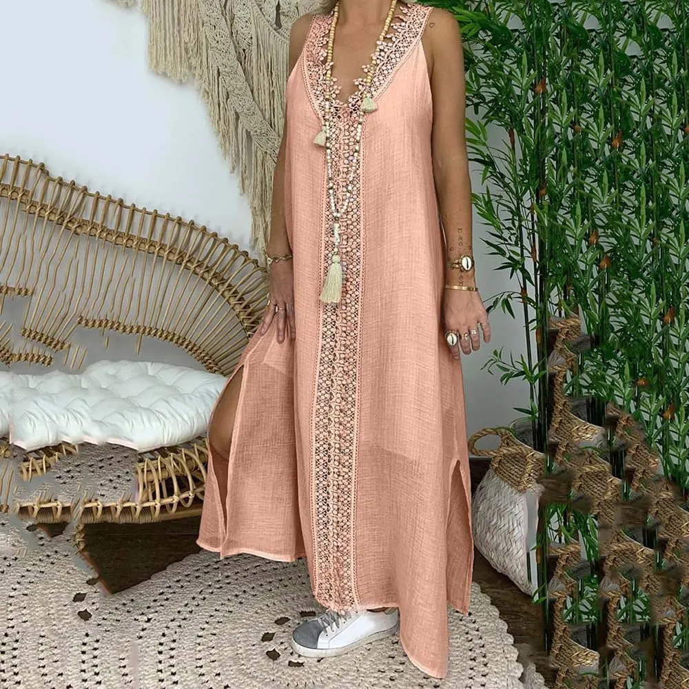 Midi Lace Spaghetti Strap Dresses for Women Swing Sleeveless Boho Deep V Neck Wedding Guest Sundresses Asymmetrical
