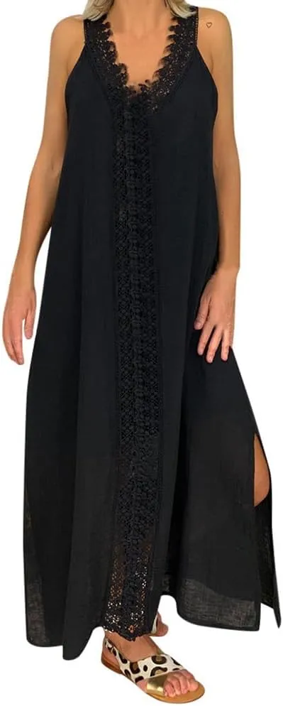 Midi Lace Spaghetti Strap Dresses for Women Swing Sleeveless Boho Deep V Neck Wedding Guest Sundresses Asymmetrical