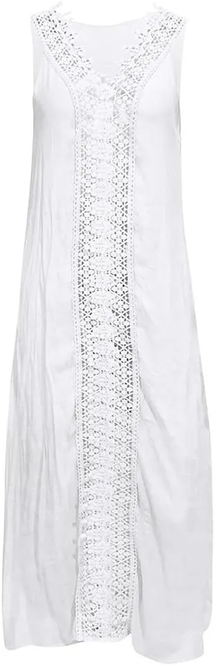 Midi Lace Spaghetti Strap Dresses for Women Swing Sleeveless Boho Deep V Neck Wedding Guest Sundresses Asymmetrical