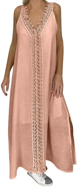 Midi Lace Spaghetti Strap Dresses for Women Swing Sleeveless Boho Deep V Neck Wedding Guest Sundresses Asymmetrical