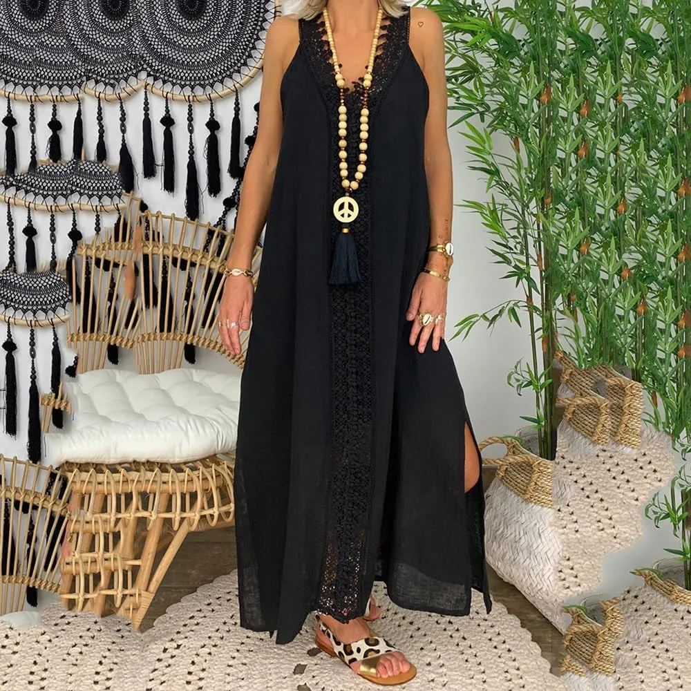 Midi Lace Spaghetti Strap Dresses for Women Swing Sleeveless Boho Deep V Neck Wedding Guest Sundresses Asymmetrical