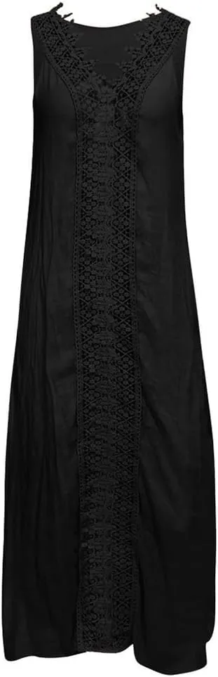 Midi Lace Spaghetti Strap Dresses for Women Swing Sleeveless Boho Deep V Neck Wedding Guest Sundresses Asymmetrical