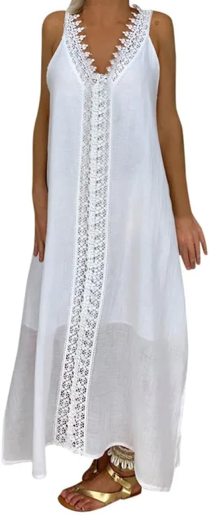 Midi Lace Spaghetti Strap Dresses for Women Swing Sleeveless Boho Deep V Neck Wedding Guest Sundresses Asymmetrical
